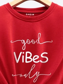 INAWLY Camiseta gráfica con eslogan "Sólo buenas vibraciones" - Rojo - Ver 4