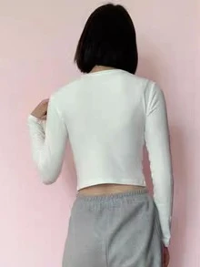 字母圖案墊肩短款T恤 - 白色 - 查看 2