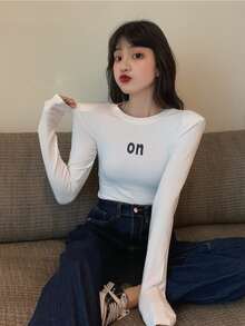 字母圖案墊肩短款T恤 - 白色 - 查看 4