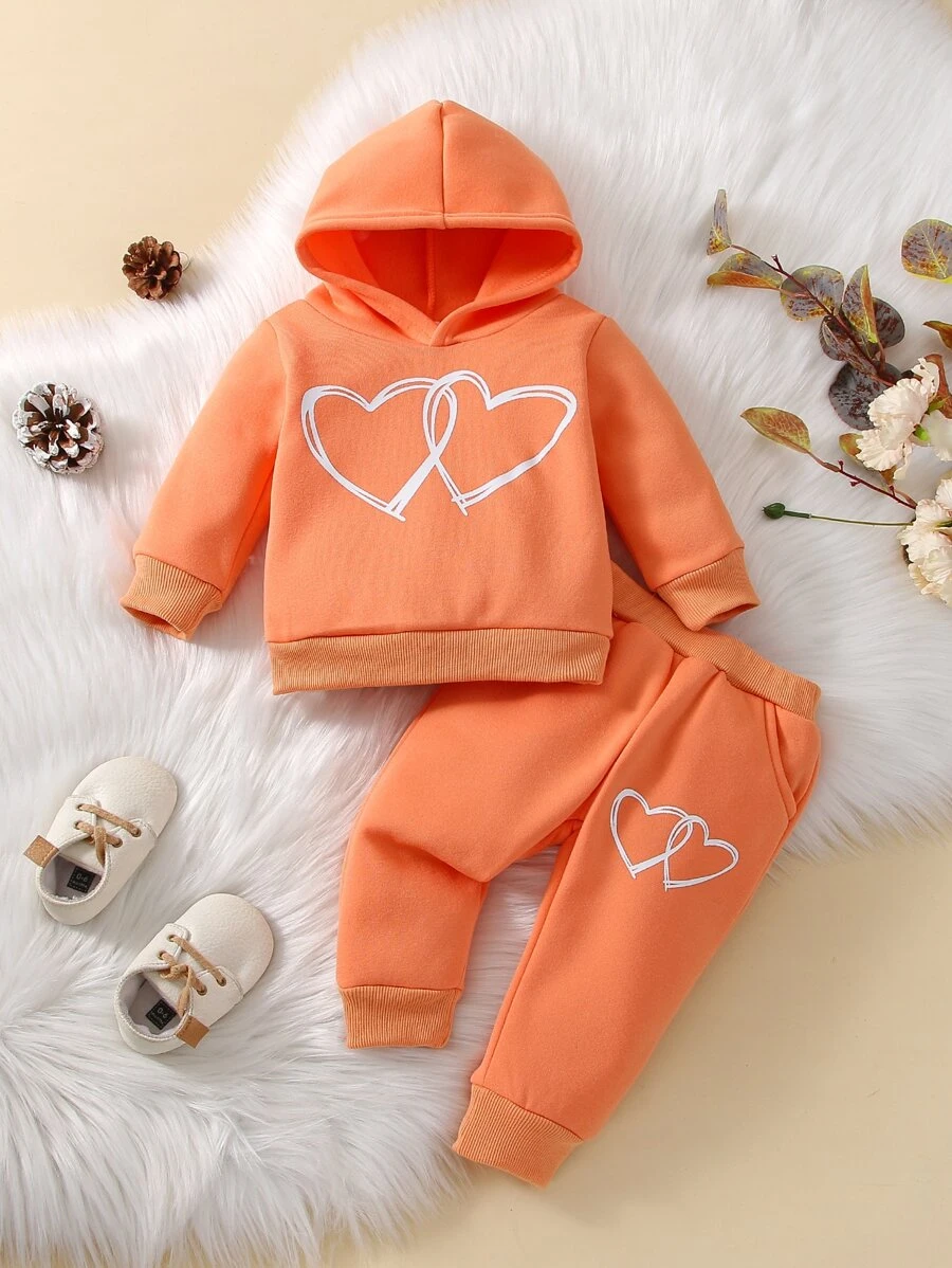 Baby Heart Print Hoodie & Joggers - Orange - View 1