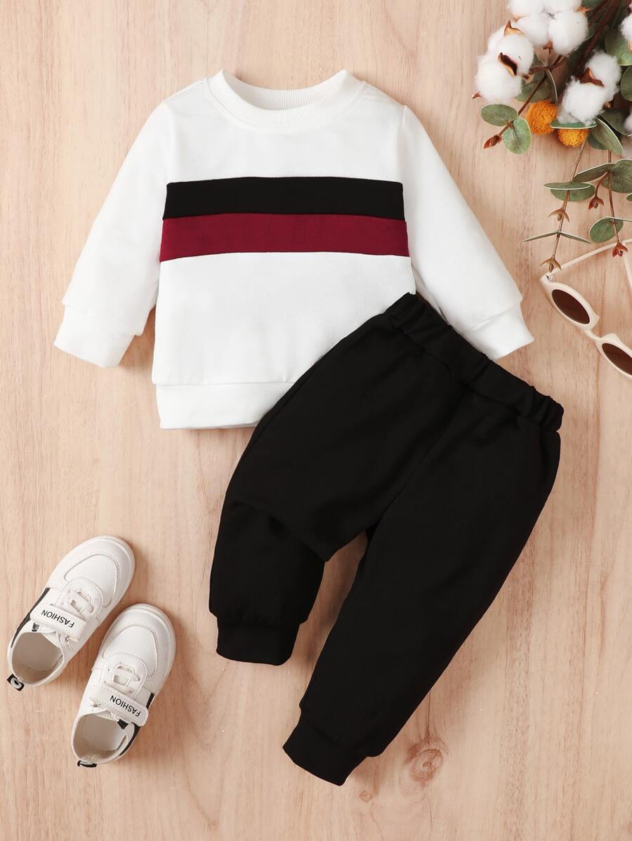 Baby Boy Color Block Pullover & Sweatpants - Black and White - View 1