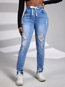 SHEIN SXY Jeans ajustados desgarro de cintura con cordón - Lavado ligero - Ver 1