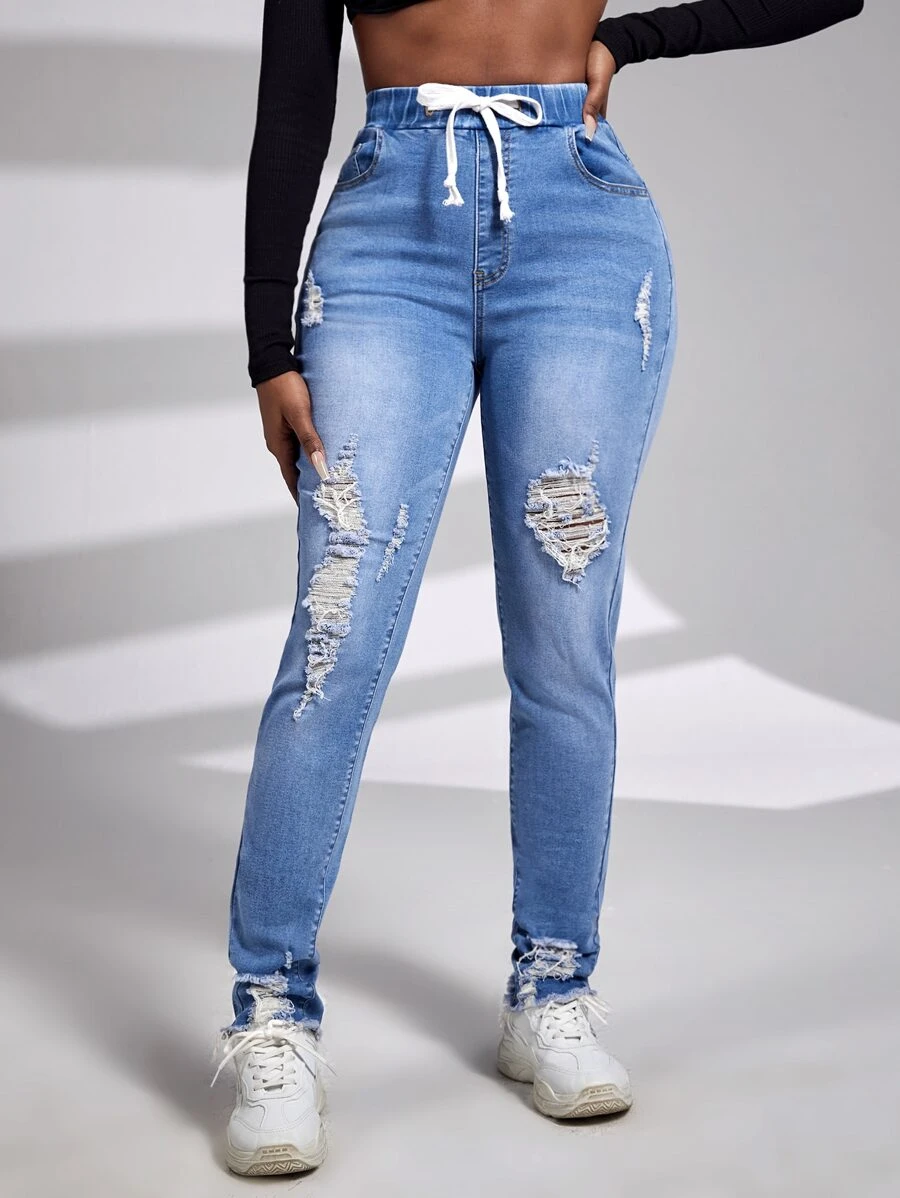 SHEIN SXY Jeans ajustados desgarro de cintura con cordón - Lavado ligero - Ver 1
