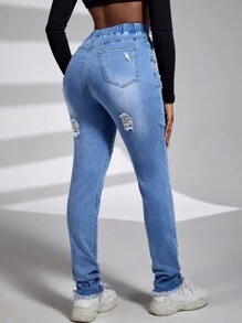 SHEIN SXY Jeans ajustados desgarro de cintura con cordón - Lavado ligero - Ver 2
