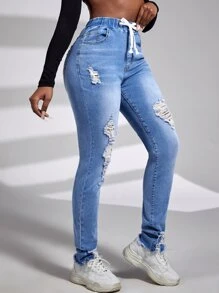 SHEIN SXY Jeans ajustados desgarro de cintura con cordón - Lavado ligero - Ver 3