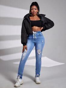 SHEIN SXY Jeans ajustados desgarro de cintura con cordón - Lavado ligero - Ver 4