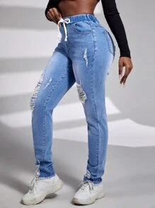 SHEIN SXY Jeans ajustados desgarro de cintura con cordón - Lavado ligero - Ver 5