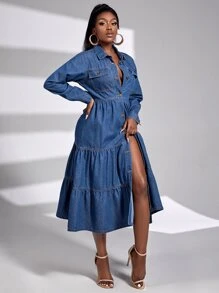 SHEIN EZwear 翻蓋細節荷葉邊牛仔裙 - 深色水洗藍 - 查看 3