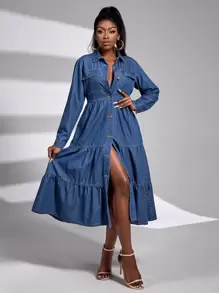 SHEIN EZwear 翻蓋細節荷葉邊牛仔裙 - 深色水洗藍 - 查看 4