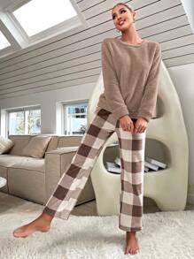Solid Top & Buffalo Plaid Pattern Pants Flannel PJ Set / Pajama Set, Fall Winter Clothes - Khaki - View 3