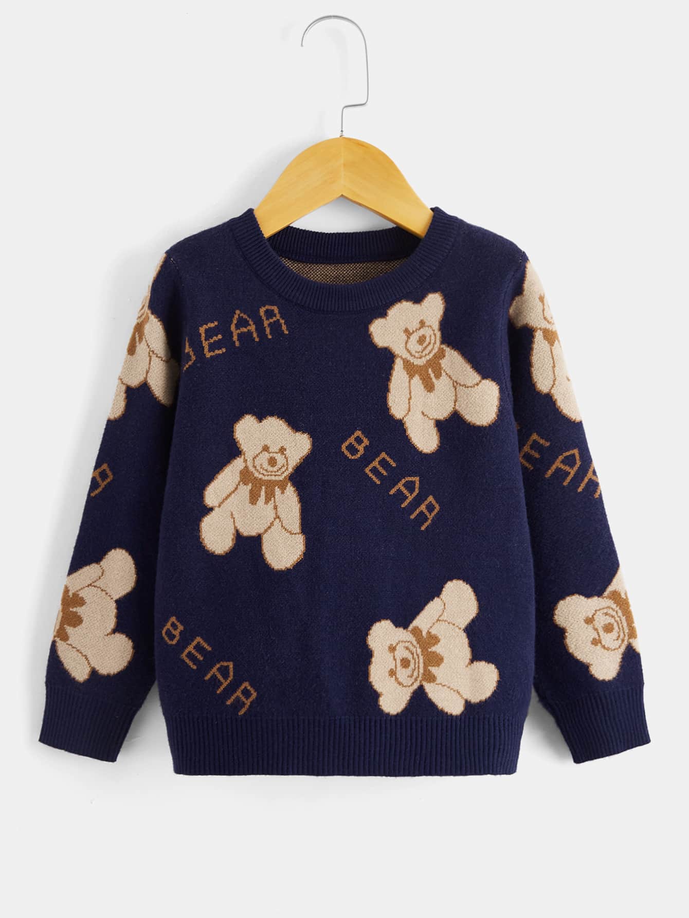 SHEIN Toddler Boys Letter & Bear Pattern Jumper - Navy Blue - View 1