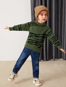 Toddler Boys Zebra Striped Pattern Jumper - Dark Green - View 5