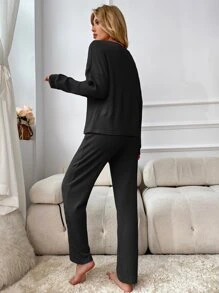 Quarter Button Drop Shoulder Knot Front Lounge Set - Black - View 2