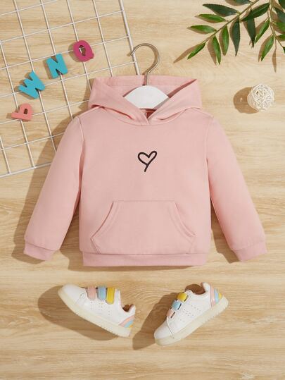 SHEIN 女婴爱心印花袋鼠口袋卫衣