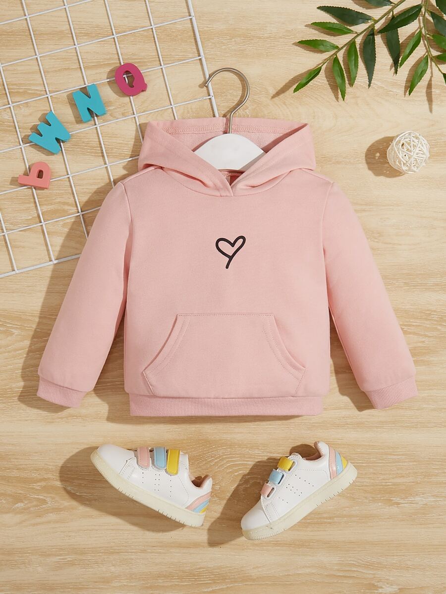 SHEIN 女婴爱心印花袋鼠口袋卫衣 - 粉色 - 查看 1