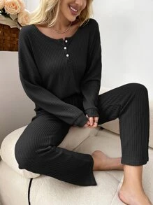 Quarter Button Drop Shoulder Knot Front Lounge Set - Black - View 5