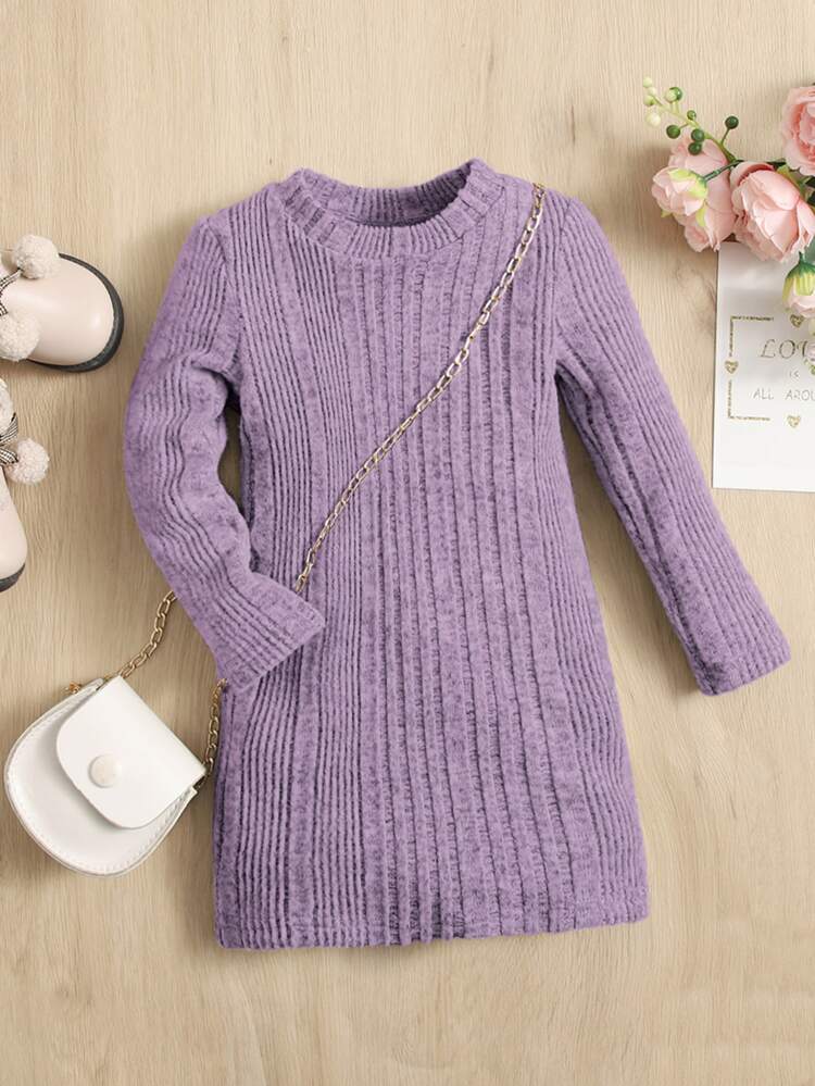 Baby Girl Solid Color Round Neck Long Sleeve Casual Knitted Dress, Autumn