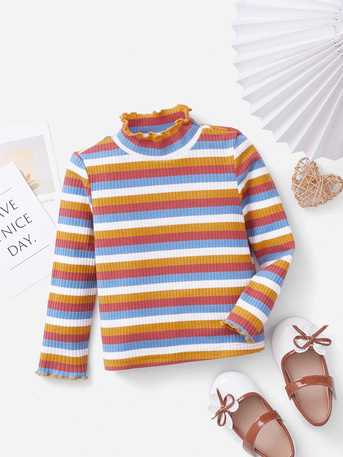 SHEIN Baby Rainbow Striped Lettuce Trim Mock Neck Tee - Multicolor - View 1