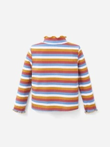 SHEIN Baby Rainbow Striped Lettuce Trim Mock Neck Tee - Multicolor - View 2