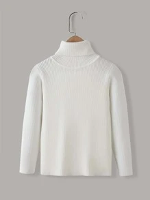 SHEIN Suéter De Cuello Alto De Punto Acanalado Para Niña Joven - Blanco - Ver 2