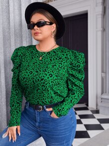 SHEIN Clasi Plus Allover Print Gigot Sleeve Blouse - Green - View 1