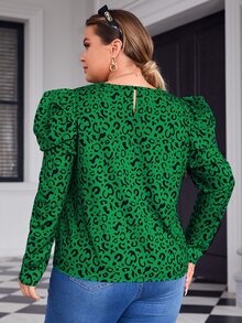 SHEIN Clasi Plus Allover Print Gigot Sleeve Blouse - Green - View 2