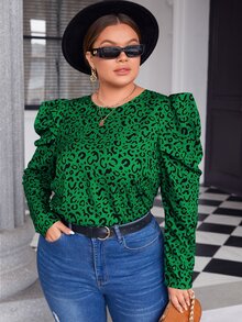 SHEIN Clasi Plus Allover Print Gigot Sleeve Blouse - Green - View 3