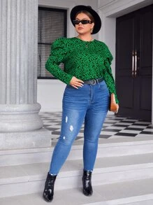 SHEIN Clasi Plus Allover Print Gigot Sleeve Blouse - Green - View 4