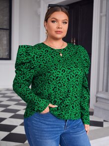 SHEIN Clasi Plus Allover Print Gigot Sleeve Blouse - Green - View 5