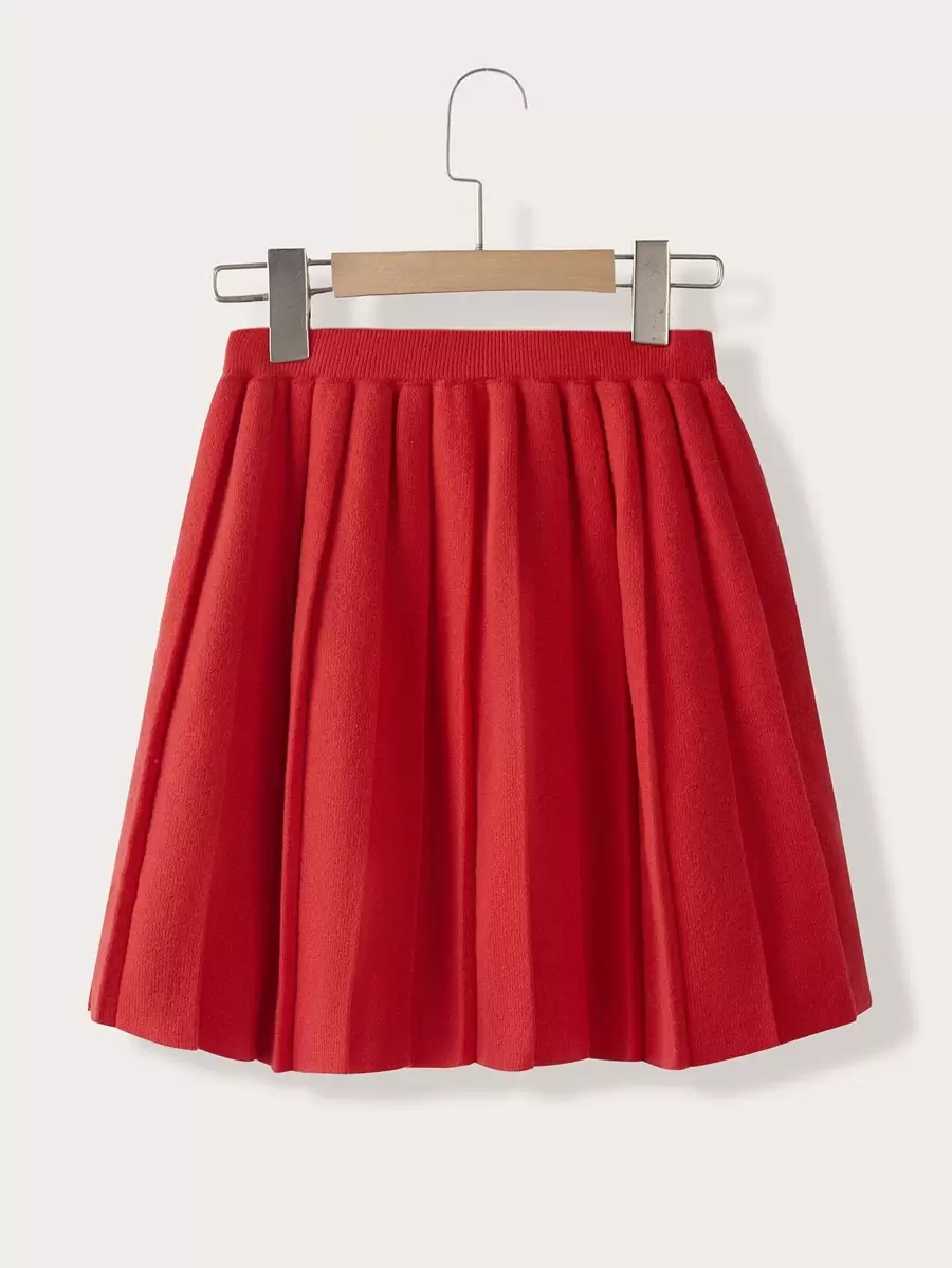 Tween Girl Solid Pleated Knit Skirt - Red - View 1