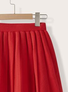 Tween Girl Solid Pleated Knit Skirt - Red - View 6