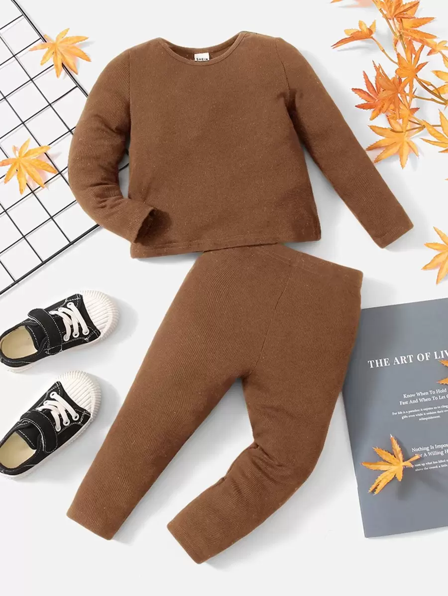 SHEIN Baby Ribbed Knit Tee & Leggings - Coffee Brown - View 1