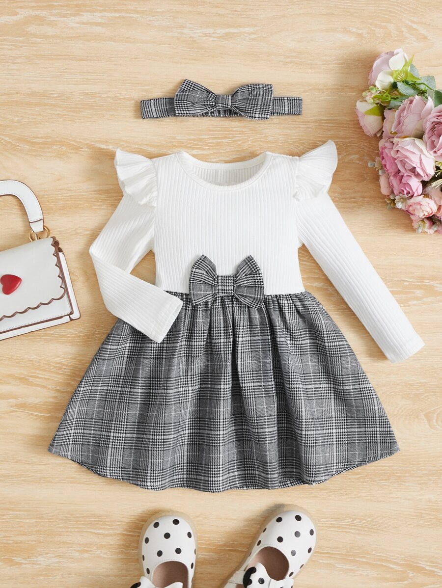 SHEIN 嬰兒格紋印花荷葉邊前蝴蝶結連衣裙附髮帶 - 彩色 - 查看 1
