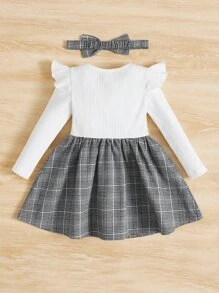 SHEIN 嬰兒格紋印花荷葉邊前蝴蝶結連衣裙附髮帶 - 彩色 - 查看 2