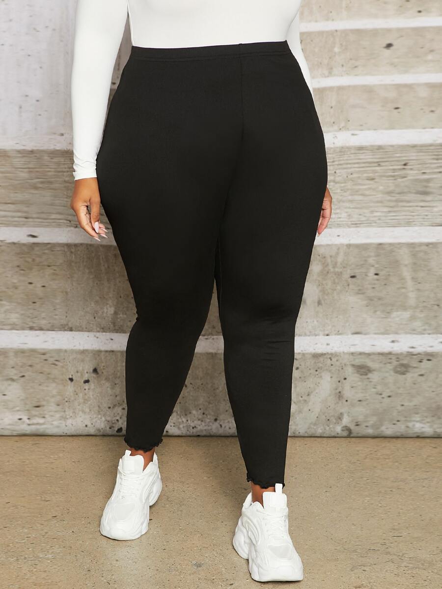 SHEIN CURVE+ taglie forti Leggings monocolore orlo lattuga - nero - Visualizzare 1