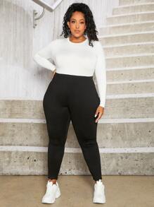 SHEIN CURVE+ taglie forti Leggings monocolore orlo lattuga - nero - Visualizzare 3