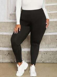SHEIN CURVE+ taglie forti Leggings monocolore orlo lattuga - nero - Visualizzare 4