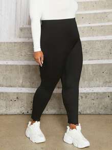 SHEIN CURVE+ taglie forti Leggings monocolore orlo lattuga - nero - Visualizzare 5