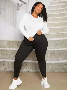 SHEIN CURVE+ taglie forti Leggings monocolore orlo lattuga - nero - Visualizzare 6