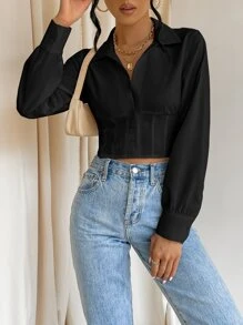 SHEIN Essnce Áo sơ mi cài nút phía trước, áo dài tay - màu đen - Xem 3