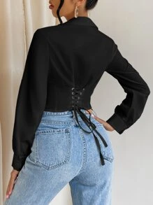 SHEIN Essnce Áo sơ mi cài nút phía trước, áo dài tay - màu đen - Xem 2