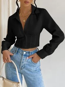 SHEIN Essnce Áo sơ mi cài nút phía trước, áo dài tay - màu đen - Xem 4