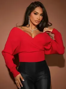 SHEIN SXY 秋冬斜领蝙蝠袖毛衣 - 紅色 - 查看 1