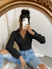 SHEIN Essnce Áo sơ mi cài nút phía trước, áo dài tay - màu đen - Xem 6