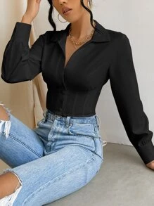 SHEIN Essnce Áo sơ mi cài nút phía trước, áo dài tay - màu đen - Xem 1