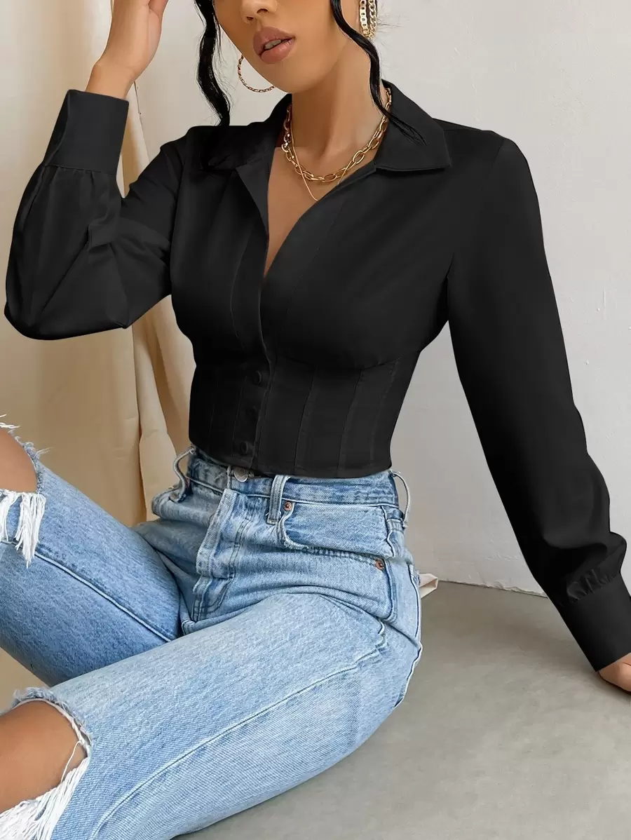 SHEIN Essnce Áo sơ mi cài nút phía trước, áo dài tay - màu đen - Xem 1