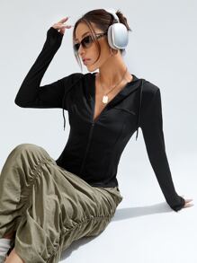 SHEIN EZwear Solid Zip Up Drawstring Hooded Jacket In Fall/Winter - Black - View 3