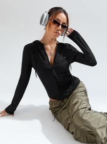 SHEIN EZwear Solid Zip Up Drawstring Hooded Jacket In Fall/Winter - Black - View 4