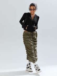 SHEIN EZwear Solid Zip Up Drawstring Hooded Jacket In Fall/Winter - Black - View 6