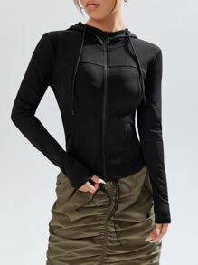 SHEIN EZwear Solid Zip Up Drawstring Hooded Jacket In Fall/Winter - Black - View 1
